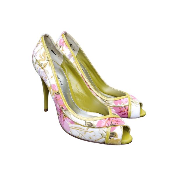 Karen Millen Green Pink Floral Peep Toe Heels Pumps Shoes Sz EU 37 - Picture 1 of 16